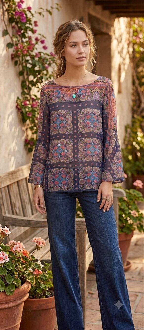 Sundance Blue Purple Paisley Long Sleeve Top New Small